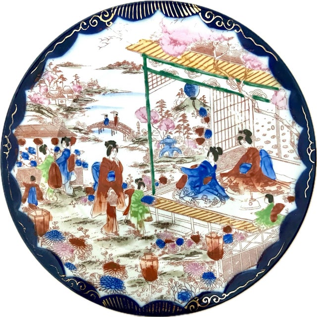 1920's Antique Asian Blue Japanese Chinoiserie Hand Painted Traditional Geisha Girl & Pagoda Plates & Small Bowls - A 23 Piece Set For Sale - Image 4 of 9