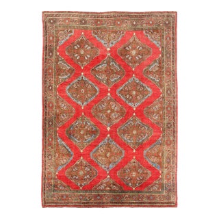 Antique Turkish Oushak-Handwoven With Geometric Design in Red, Brown, Green For Sale
