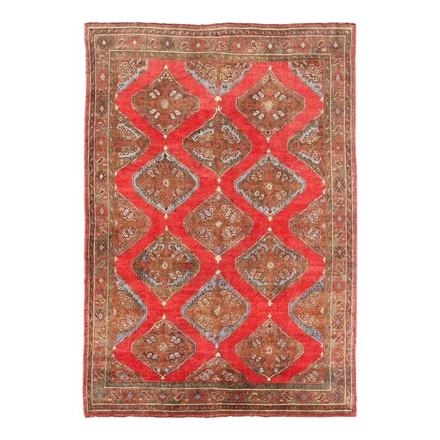 Antique Turkish Oushak-Handwoven With Geometric Design in Red, Brown, Green For Sale