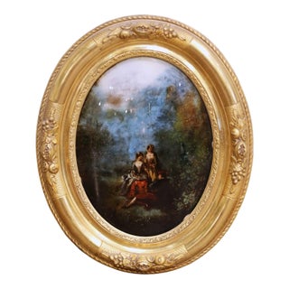 19th Century French Napoleon III Oval Fixé Sous Verre Painting in Gilt Frame For Sale