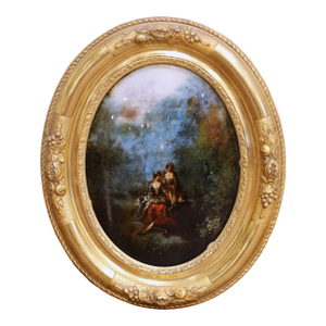 19th Century French Napoleon III Oval Fixé Sous Verre Painting in Gilt Frame