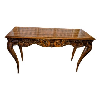Antique Louis XV Style Inlaid Walnut/Kingwood/Mahagony and Maple Parquetry Featuring Ornate Carvings, Cabriole Legs and Center Figural Carvings For Sale