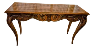 Antique Louis XV Style Inlaid Walnut/Kingwood/Mahagony and Maple Parquetry Featuring Ornate Carvings, Cabriole Legs and Center Figural Carvings