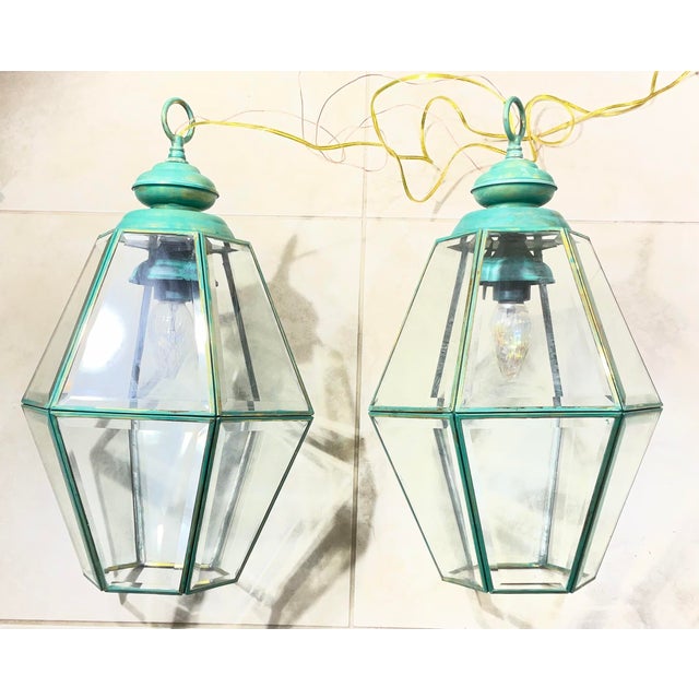 Metal 1980s Stunning Pair of Vintage Solid Brass & Glass Geometric Hanging Lanterns - a Pair For Sale - Image 7 of 16