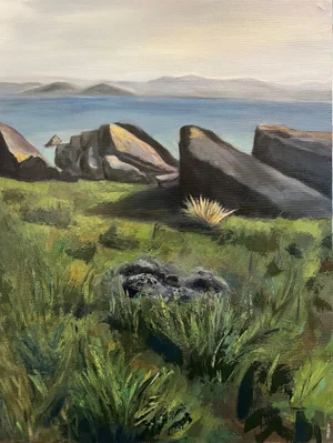 “Looking East" Contemporary Impressionist Marin Landscape of Ring Mountain Overlooking Sf Bay in Green, Blue by Mill Valley Artist Mary Anne McKernie