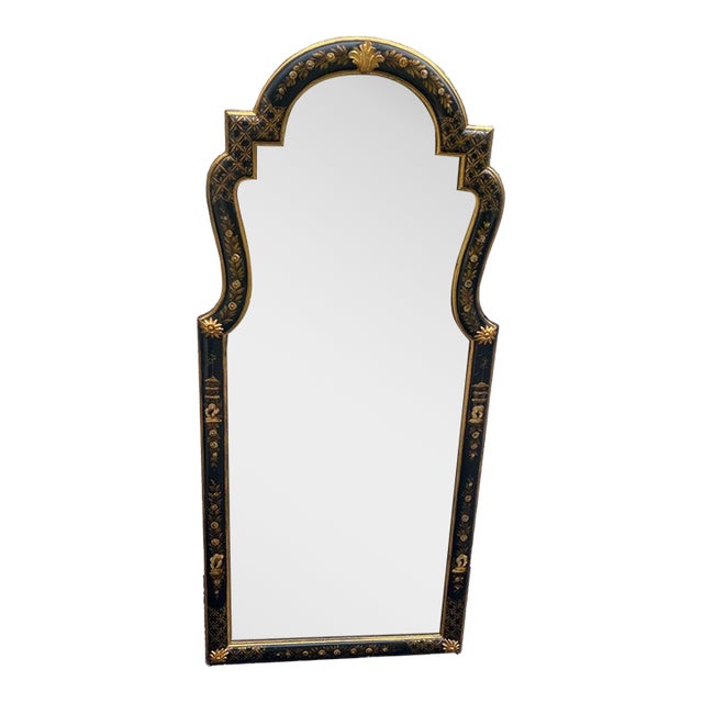Elegant Chinoiserie Black and Gold Mirror For Sale