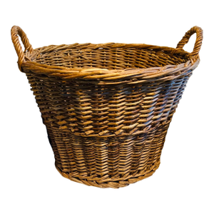 1970s Vintage Woven Round Willow Basket Dual Handles Cross Hatch Pattern