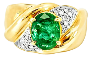 Late 20th Century 14K Yellow Gold Emerald Pave Diamond Ring, Size 5.5