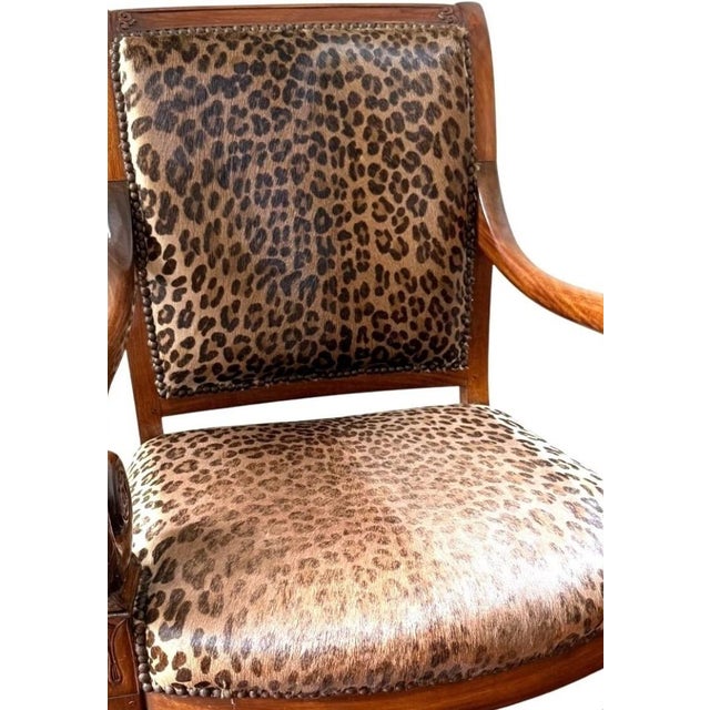 Mid 20th Century Empire Style Leopard Print Animal Hide Carved Wood Arm Chair For Sale - Image 4 of 13