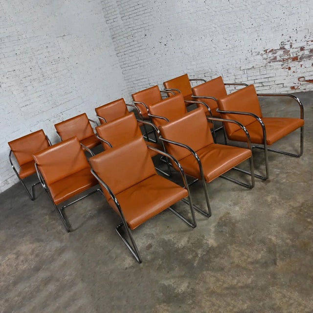 Late 20th to Early 21st Century Thonet Bauhaus Brno Style Chairs Chrome & Cognac Leather Cantilever Set of 12 For Sale - Image 10 of 13