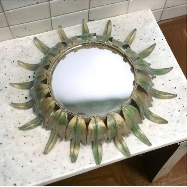 Vintage Sun Mirror in Golden Metal with Green Details For Sale - Image 6 of 10