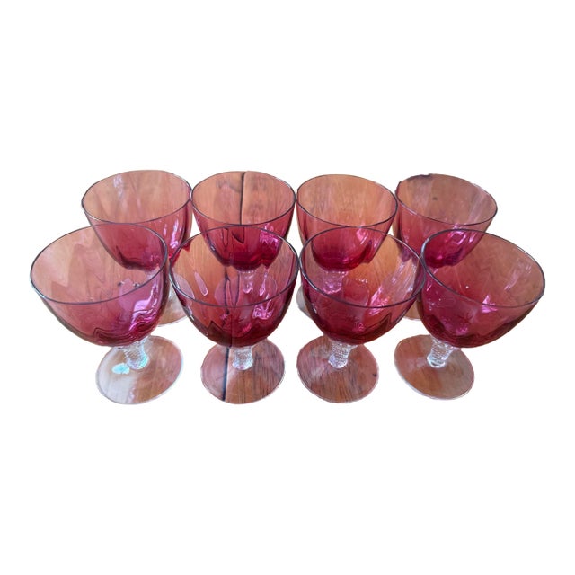 1950s Set of 8 Borgfeldt Lisa Cranberry Optic Wine Glasses For Sale