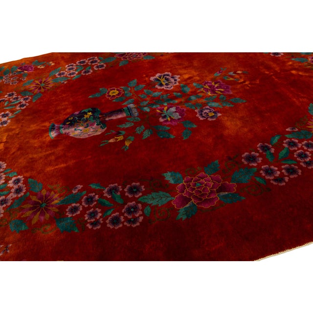 Red Antique Art Deco Handmade Chinese Floral Pattern Wool Rug For Sale - Image 9 of 11