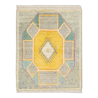 Modern Oushak Handmade Yellow and Green Geometric Wool Rug For Sale
