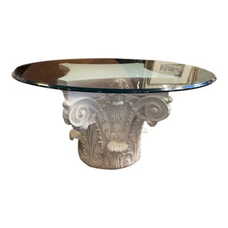 1990s Clear Coated White Plaster Corinthian Column Bevelled Glass Top Coffee Table For Sale
