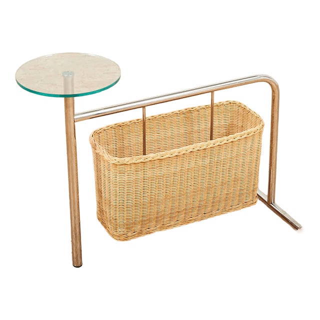 Magazine Rack Potto Frame in Chrome-Plated Tubular Steel, Woven Basket and Round Glass Shelf by Andrea Branzi for Zanotta, 1993 For Sale