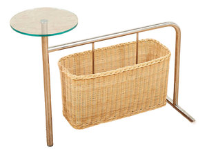 Magazine Rack Potto Frame in Chrome-Plated Tubular Steel, Woven Basket and Round Glass Shelf by Andrea Branzi for Zanotta, 1993