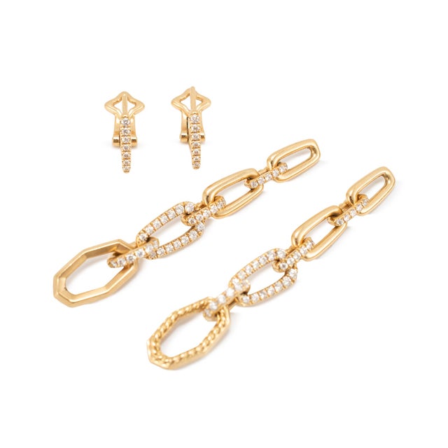 David Yurman David Yurman 18k Yellow Gold Pave Diamond Multi-Link Dangle Drop Earrings For Sale - Image 4 of 8