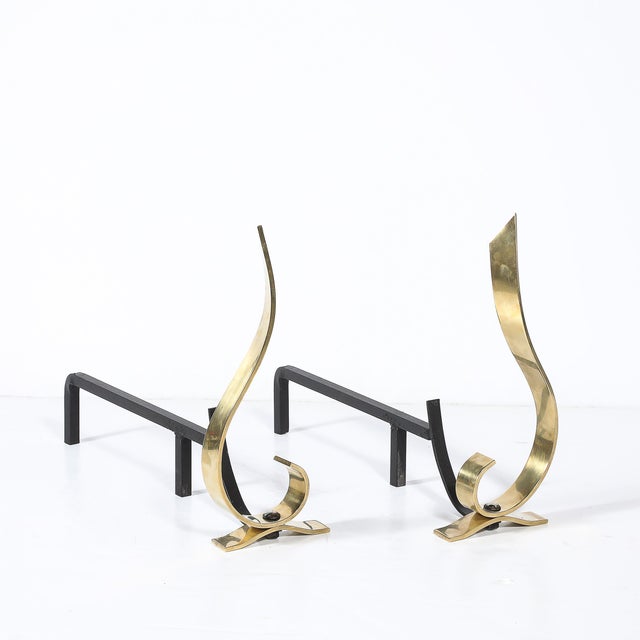 Pair of Mid-Century Curvilinear Polished Brass Andirons With Gunmetal Fittings For Sale - Image 9 of 11