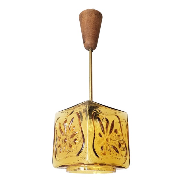 Vintage Scandinavian Pendant Light in Glass with Brass and Teak, 1960s For Sale
