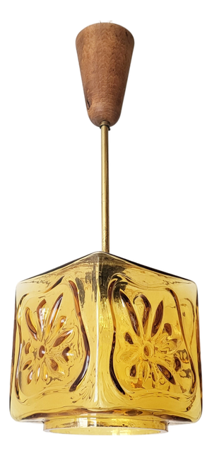 Vintage Scandinavian Pendant Light in Glass with Brass and Teak, 1960s