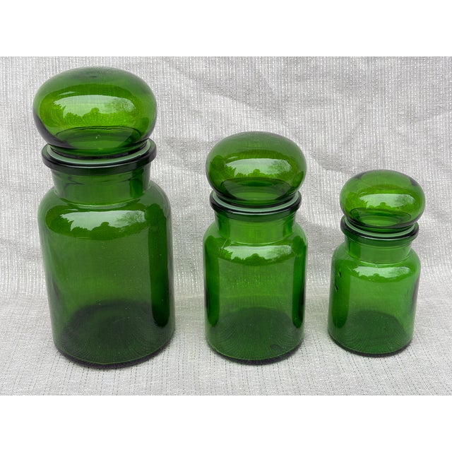 Vintage Apothecary Jar Set Green Glass Belgium For Sale - Image 4 of 13