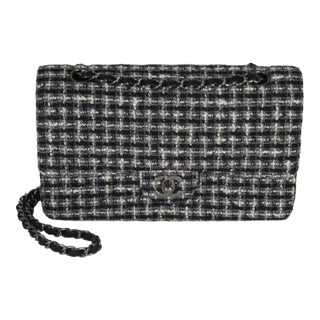 Black White Tweed Quilted Medium Classic Double Flap For Sale