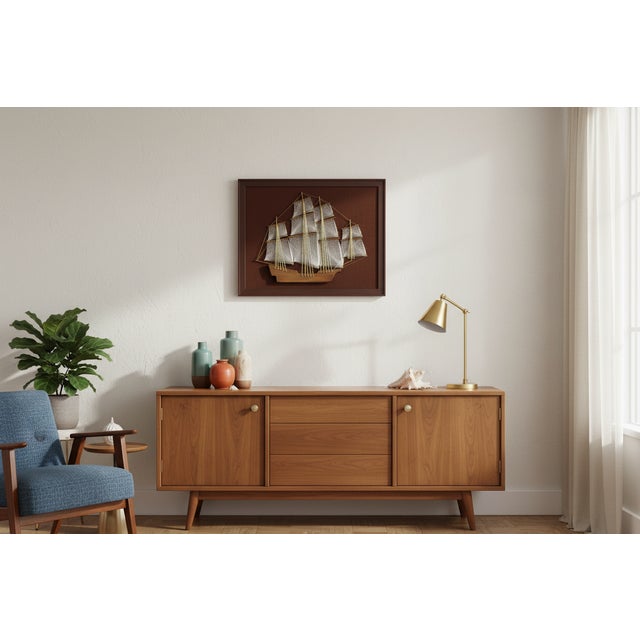 Large 1970s Mid-Century Modern Nautical String Art Galleon in Professional Gallery Frame For Sale - Image 11 of 11