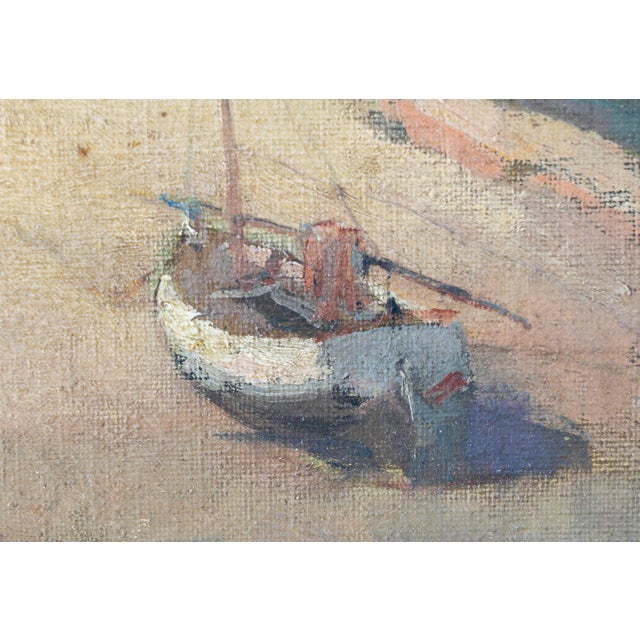 Spanish School, Mediterranean Fishing Village Harbor Coastal Landscape with Boats and Fishermen, 1910s, Oil on Canvas For Sale - Image 6 of 15