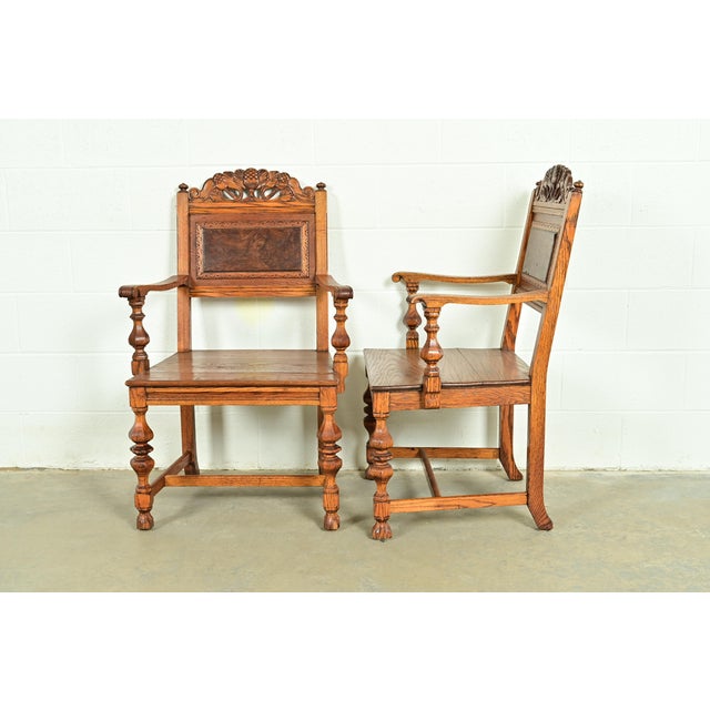 Early Romweber Antique English Jacobean Carved Oak and Burl Wood Dining Chairs, Set of Six For Sale - Image 11 of 13