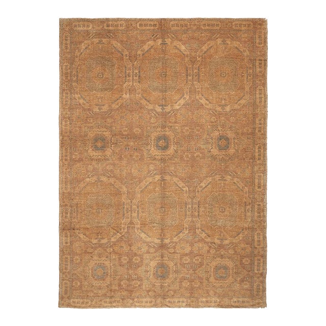 10x14 Fine Hand-Knotted Golden Geometric Oushak Style Rug For Sale