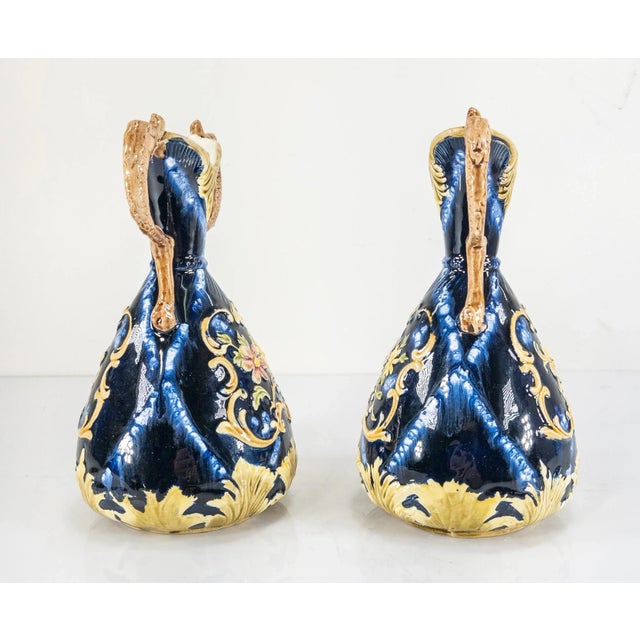 Blue Early 20th Century Aesthetic Style Majolica Vases With Rococo Designs - a Pair For Sale - Image 8 of 13