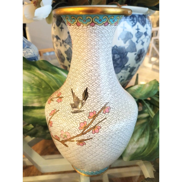 1980s Vintage Cloisonne Cherry Blossom Brass Chinoiserie Flower Vase For Sale - Image 5 of 8