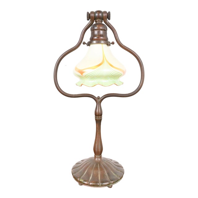 Tiffany Studios New York Bronze Harp Desk Lamp With Pulled Feather Favrile Glass Shade For Sale
