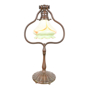Tiffany Studios New York Bronze Harp Desk Lamp With Pulled Feather Favrile Glass Shade