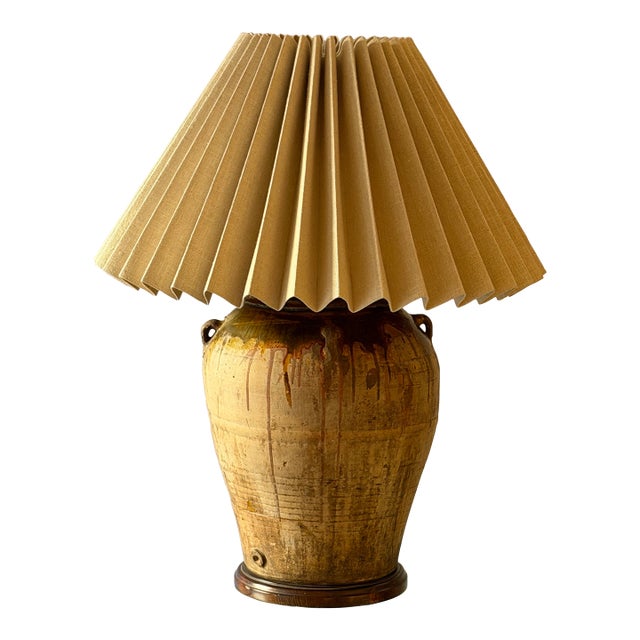 19th Century Monumental Terra-Cotta Olive Jar Table Lamp With Pleated Shade For Sale