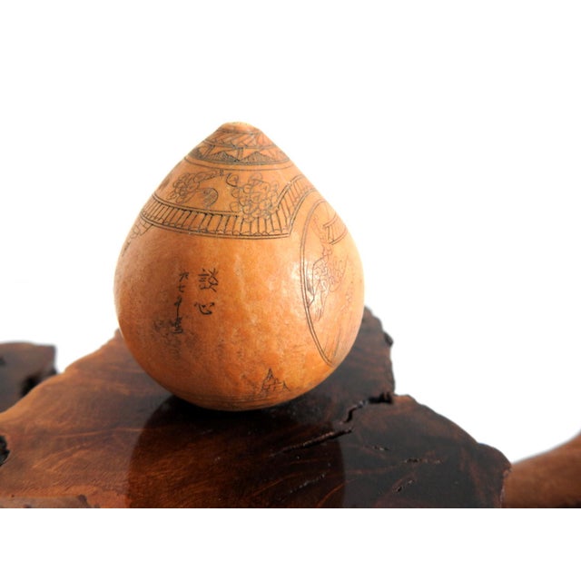 Mid-Century Organic Burl Wood Pedestal Stand & Fine Etched Pyrography Gourds - Set of 3 For Sale - Image 9 of 18