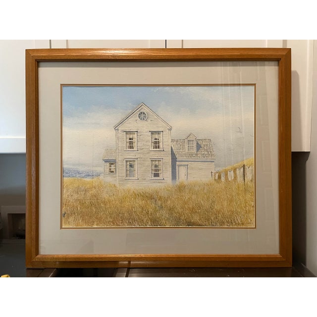 1986 Original Coastal Beach Cottage Watercolor Painting by Mickey Williams With Oak Frame For Sale - Image 10 of 10