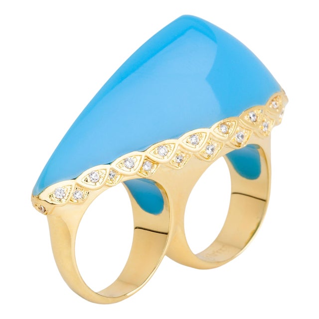 Miriam Salat Double Art Deco Blue Resin Ocean Ring 18K Sterling Silver & Topaz For Sale
