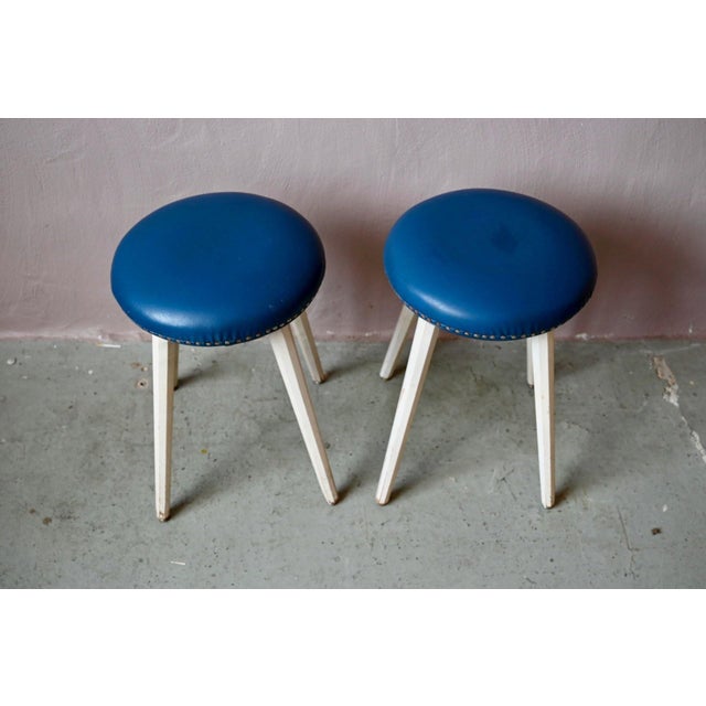 Vintage Rockabilly Stools in Blue Faux Leather with Studs and Compass Legs, 1960s, Set of 2 For Sale - Image 6 of 9