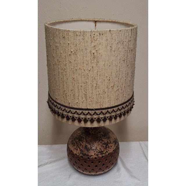 Vintage German Table Lamp with Illuminated Brown Ceramic Base and Beige Fabric Shade, 1970s For Sale - Image 4 of 7