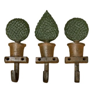 Vintage Hand Painted Cast Iron Potted Boxwood Topiary Hooks / Key Hanger / Wall Rack, a Set of 3 For Sale