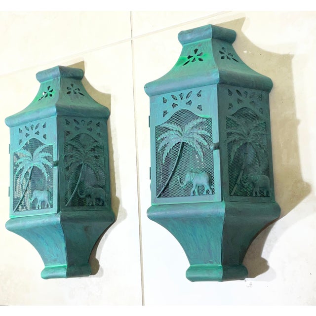 Vintage British Colonial Style Elephant & Palm Tree Wall Sconces - a Pair For Sale - Image 9 of 17