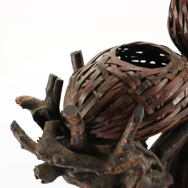 Meiji Japanese Bamboo Basket Hyotan Double Gourd Ikebana Flower Vase Antique Vintage Not Signed For Sale - Image 10 of 18