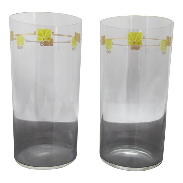 Mid 20th Century MCM Mid Century Modern Gold & Green Enamel Crystal Water Tumbler Glass Pair For Sale