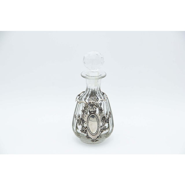 Liquor Bottle in Cut Glass with Silver Column Applications, Flowers, Hanging Branches and Monogram Card For Sale - Image 3 of 3