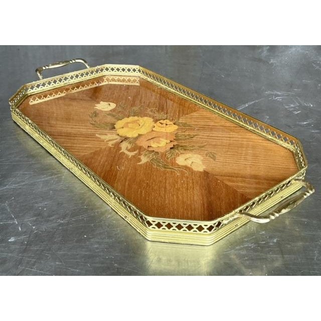 Serve in style with this vintage Boho Italian marquetry brass gallery tray. A stunning fusion of craftsmanship and...