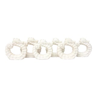 Vintage Porcelain White Bisque Sea Horse Coastal Napkin Rings Set of 6 1950's For Sale