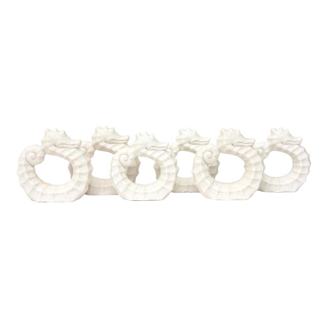 Vintage Porcelain White Bisque Sea Horse Napkin Rings Set of 6 For Sale