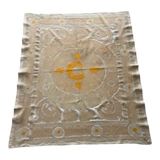 Suzani Wall Tapestry - Neutral Tan Uzbek Tablecloth For Sale